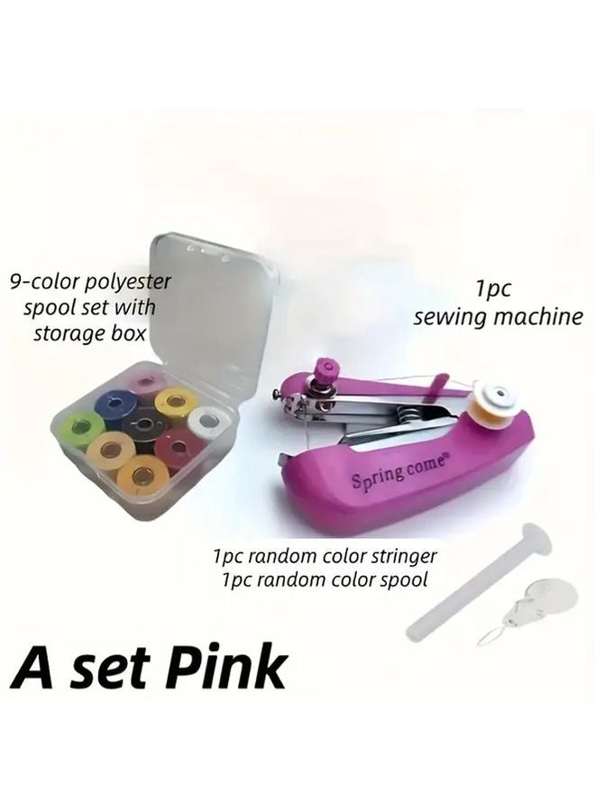 Pink Portable Manual Sewing Machine Set 13pcs Handheld Fabric Repair Kit with 9 Color Spools - Image 1