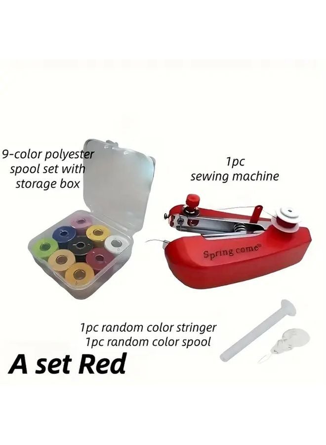 Pink Portable Manual Sewing Machine Set 13pcs Handheld Fabric Repair Kit with 9 Color Spools - Image 2