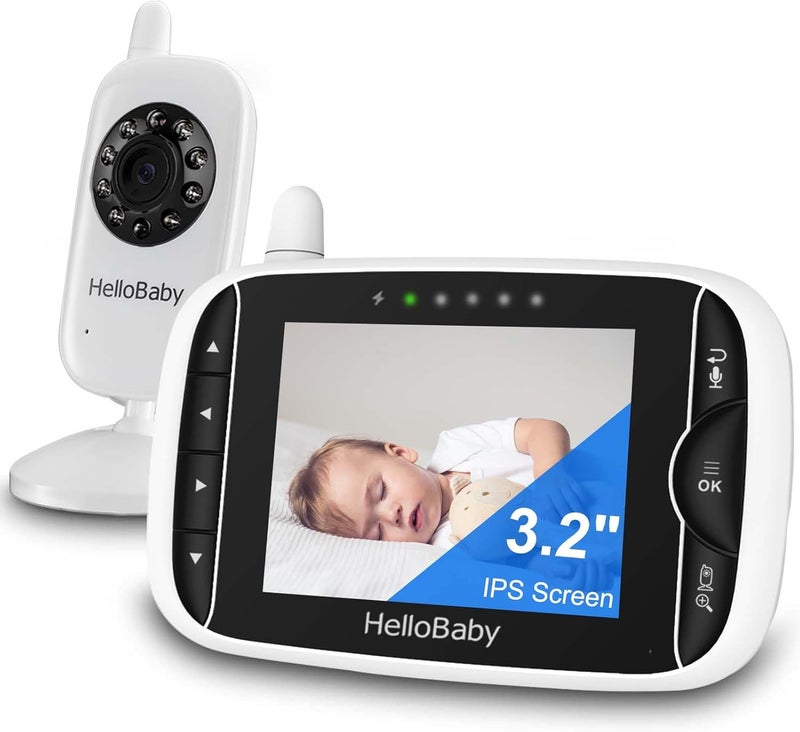 Hellobaby جهاز مراقبة الأطفال بالفيديو مع كاميرا وصوت شاشة LCD بحجم 32 بوصة رؤية ليلية بالأشعة تحت الحمراء صوت مفعّل بالشاشة ورصد درجة حرارة الغرفة - Image 1