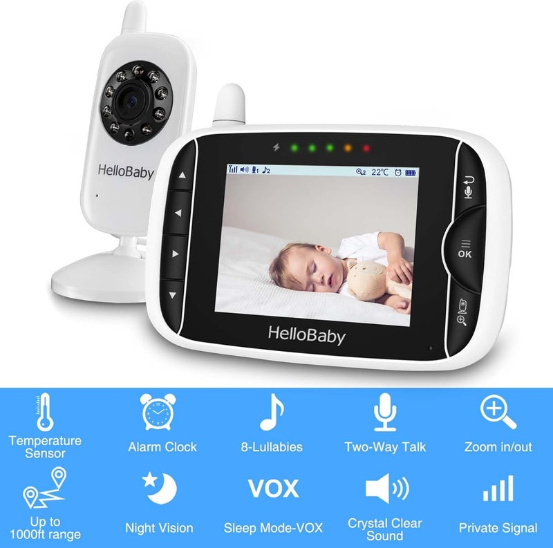Hellobaby جهاز مراقبة الأطفال بالفيديو مع كاميرا وصوت شاشة LCD بحجم 32 بوصة رؤية ليلية بالأشعة تحت الحمراء صوت مفعّل بالشاشة ورصد درجة حرارة الغرفة - Image 2