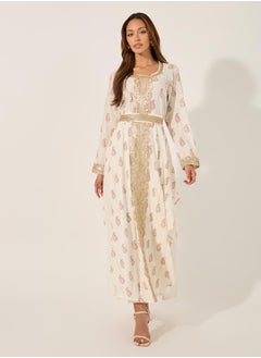 Styli Printed Round Neck Lace Insert Belted Kaftan  - Image 1