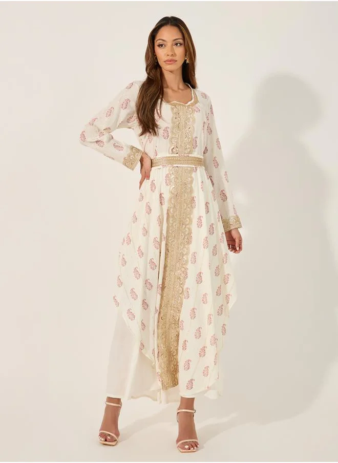 Styli Printed Round Neck Lace Insert Belted Kaftan