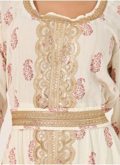 Styli Printed Round Neck Lace Insert Belted Kaftan  - Image 4