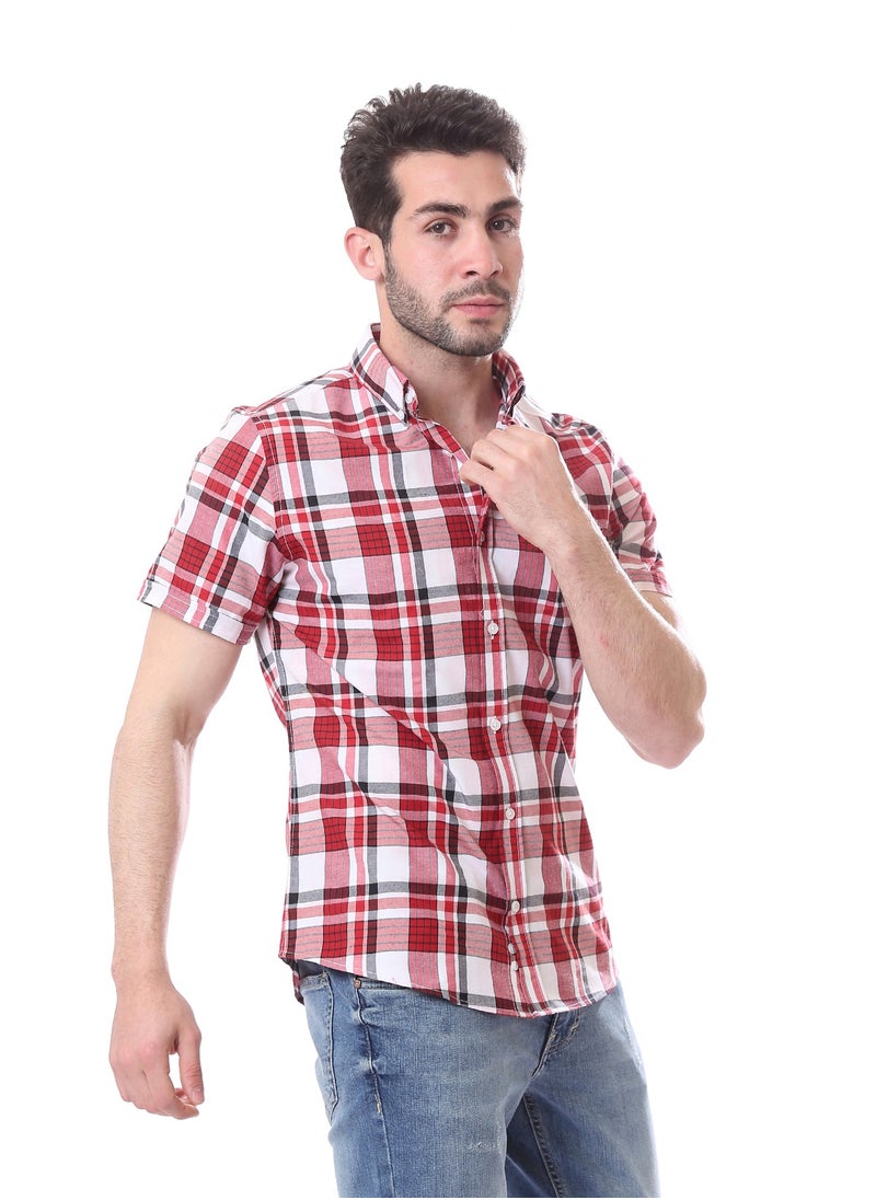 Andora - Tartan Shorts Sleeves Shirt - Light Red & White - Image 1