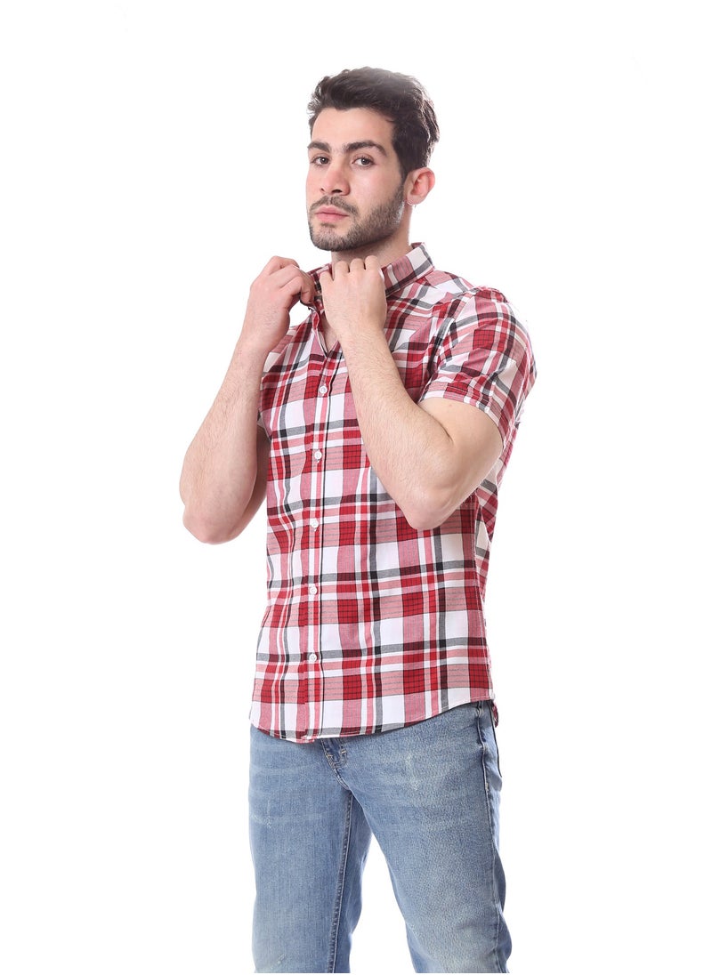 Andora - Tartan Shorts Sleeves Shirt - Light Red & White - Image 1