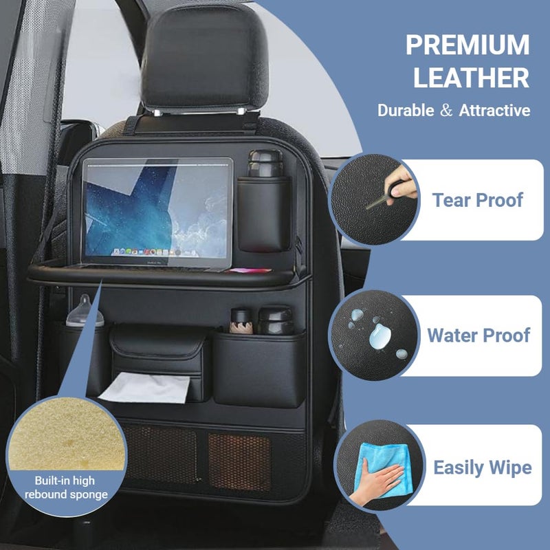 Beruyu 2 Pack Leather Car Backseat Organizer with Foldable Table Tray, Car Seat Back Protector Kick Mats with Tablet Holder, Travel Accessories Storage Organizer - Image 4