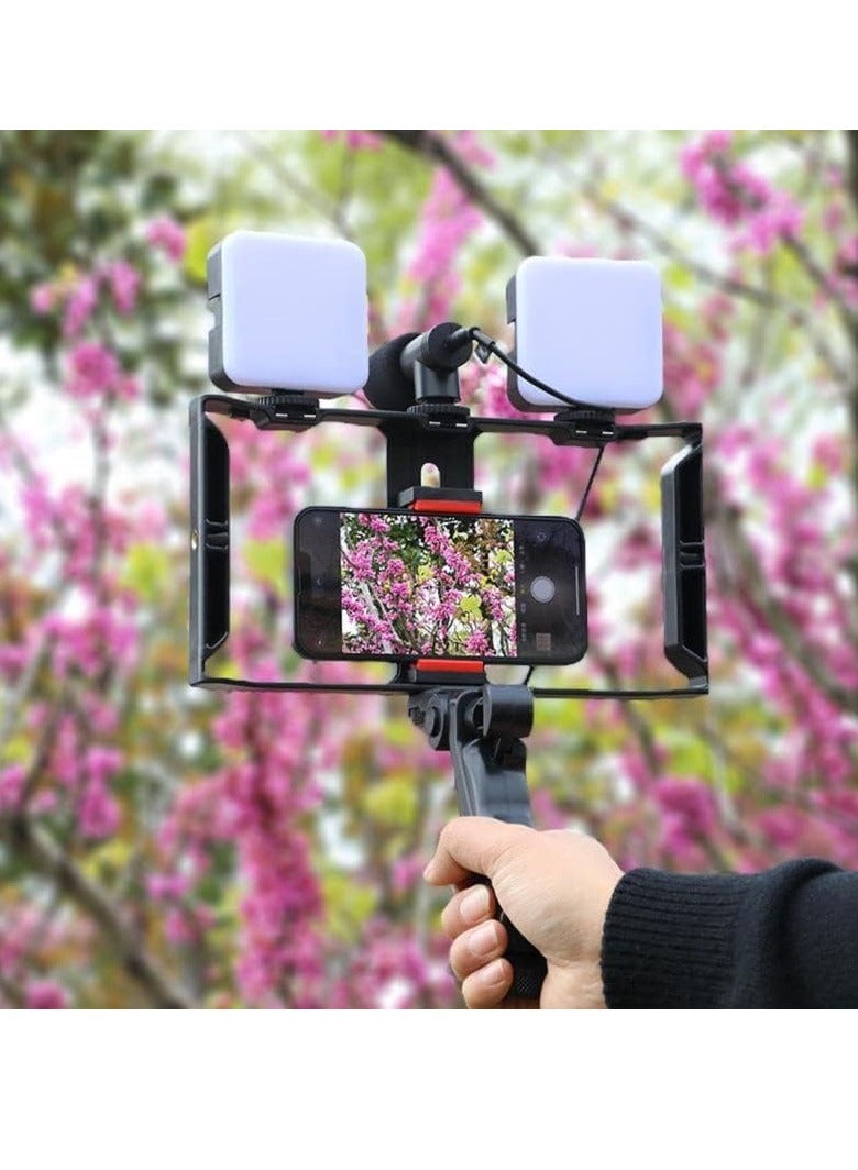 حامل كاميرا فيديو 5 في 1 بمقبض تثبيت وميكروفون بندقية ومجموعة إضاءة ليد لأي موبايل لصناعة الأفلام والفيديوهات الاحترافية إطار شكل حرف U و2 مصباح وحامل أسود أحمر - Image 4