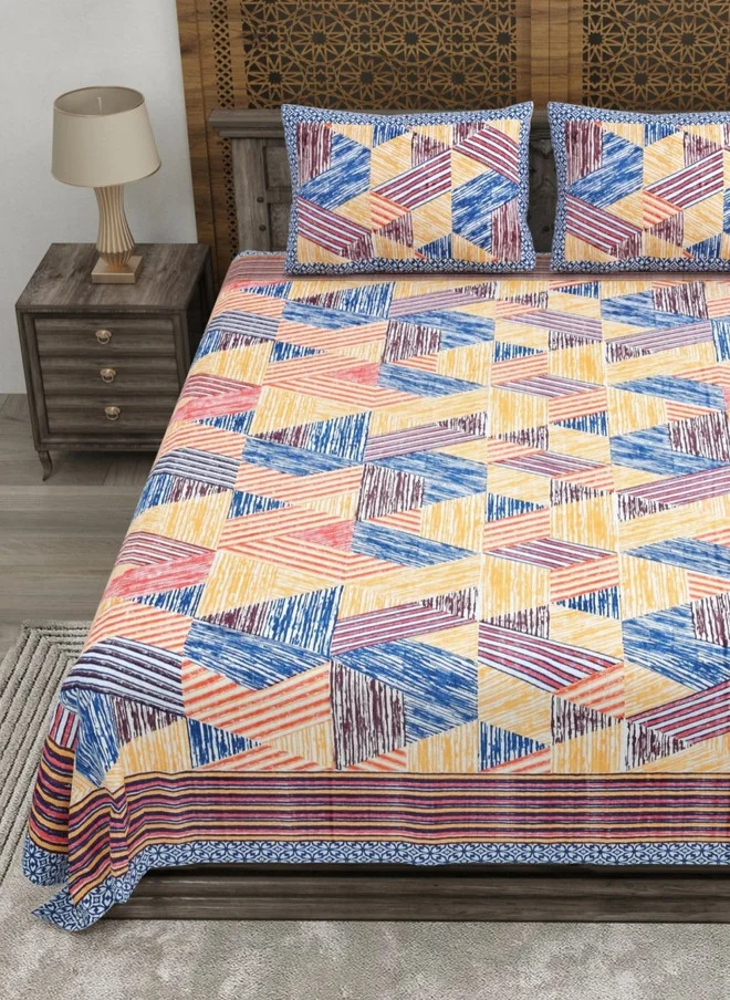 CLOTHOLOGY CLOTHOLOGY Blue & Yellow Floral Printed Pure Cotton King Bedsheet with Pillow Covers