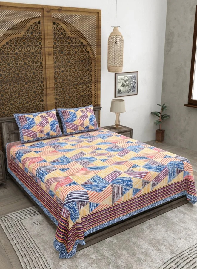 CLOTHOLOGY CLOTHOLOGY Blue & Yellow Floral Printed Pure Cotton King Bedsheet with Pillow Covers