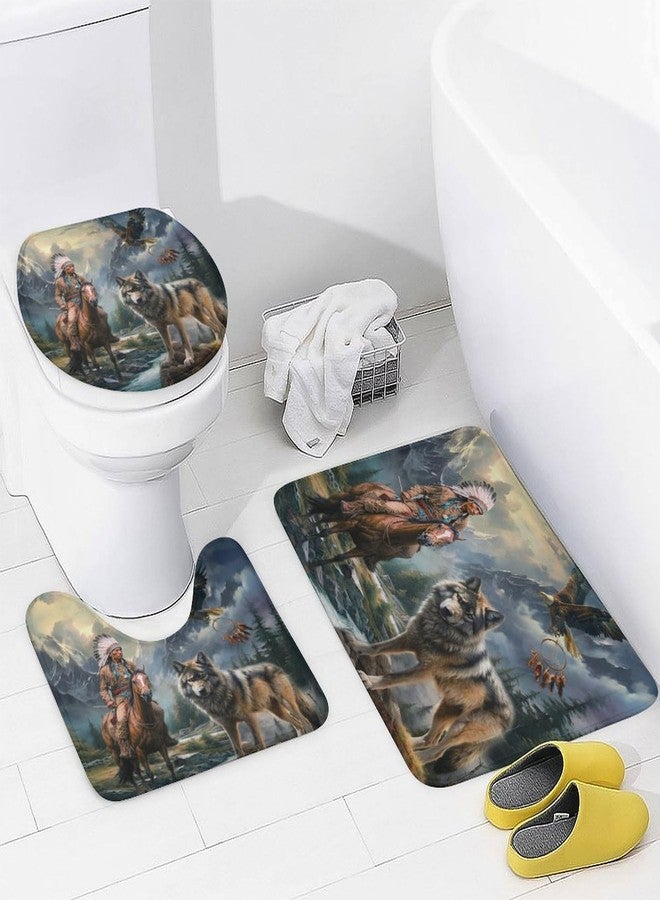 FBMLBRB Modern American Native Wolf Eagle 4 Pcs Waterproof Shower Curtain Set,Abstract Forest Hunting Theme Nation Tribal Dreamcatcher with Waterproof Toilet Cover Shower Mat Rugs - Image 4