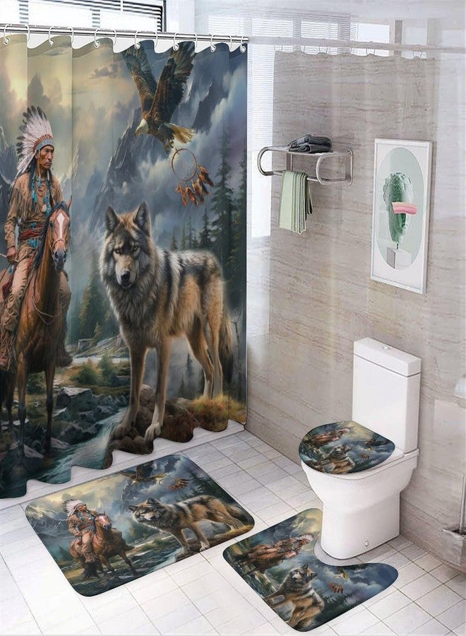 FBMLBRB Modern American Native Wolf Eagle 4 Pcs Waterproof Shower Curtain Set,Abstract Forest Hunting Theme Nation Tribal Dreamcatcher with Waterproof Toilet Cover Shower Mat Rugs - Image 1