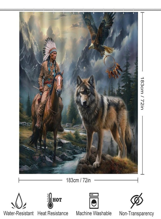 FBMLBRB Modern American Native Wolf Eagle 4 Pcs Waterproof Shower Curtain Set,Abstract Forest Hunting Theme Nation Tribal Dreamcatcher with Waterproof Toilet Cover Shower Mat Rugs - Image 2