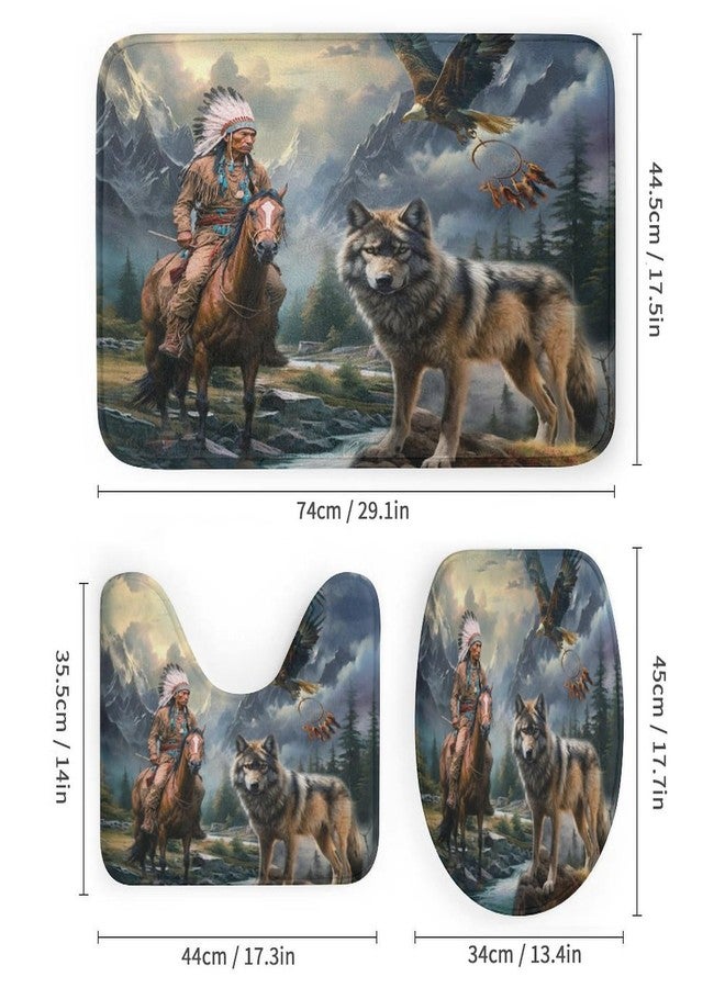 FBMLBRB Modern American Native Wolf Eagle 4 Pcs Waterproof Shower Curtain Set,Abstract Forest Hunting Theme Nation Tribal Dreamcatcher with Waterproof Toilet Cover Shower Mat Rugs - Image 3