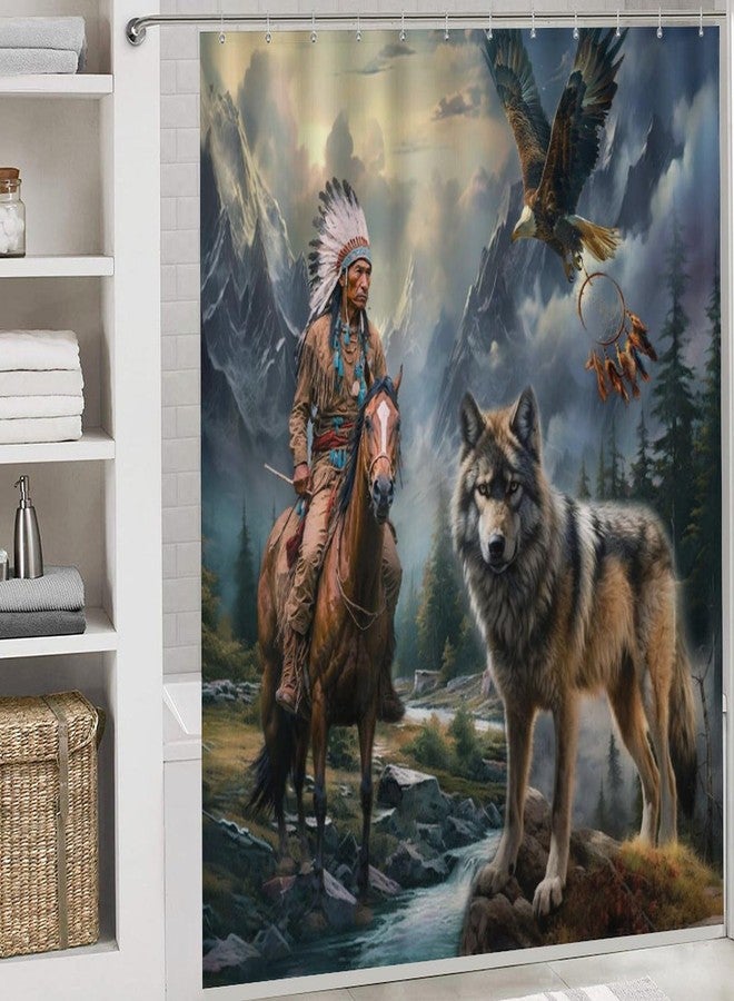 FBMLBRB Modern American Native Wolf Eagle 4 Pcs Waterproof Shower Curtain Set,Abstract Forest Hunting Theme Nation Tribal Dreamcatcher with Waterproof Toilet Cover Shower Mat Rugs - Image 5