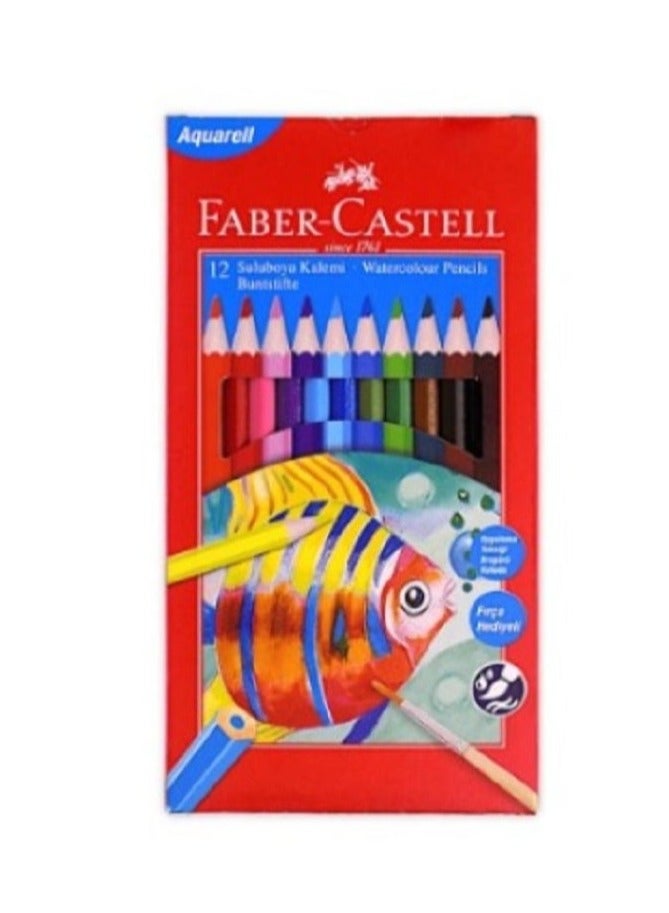 12 Watercolours Pencils, long wood colors + brush