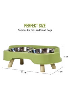 MAJIBAO Elevated cat feeder with Stainless steel bowls, Splash guard, and Detachable legs, Dual pet feeding & Drinking station, Suitable for cats and small dogs, Easy to clean, 33 cm (Green)  - Image 2