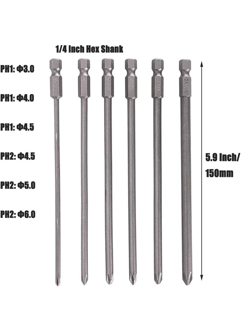 Eyech 6Pcs Long Phillips Screwdriver Bits Set  150mm Magnetic NoSlip Phillips Bits 14 Hex Shank S2 Steel Cross Head Screwdriver Bit Set PH1 PH2  - Image 3