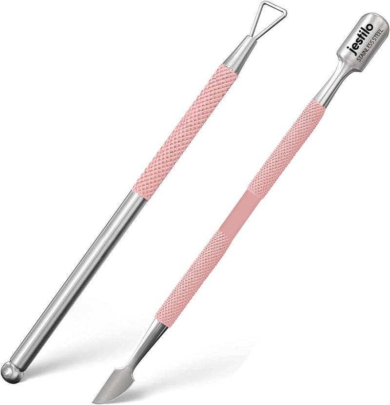 Jestilo Stainless Steel Cuticle Pusher and UV Gel Nail Polish Remover Pack of 2 Cuticle Remover Trimmer Nail Art Tools Scraper and Cleaner Pink