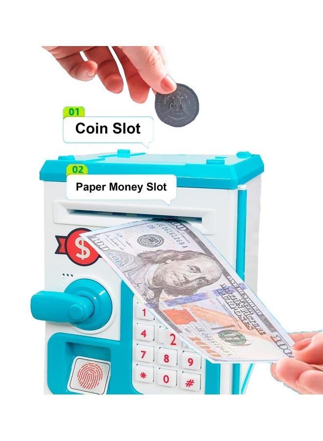 vGRASSP VGRASSP Money Safe Piggy Bank (The Gullak) Toy for Kids and Adults with 3 Step Unlock - Feed Number Password Touch Finger Sensor Then Twist Handle to Open The Door (Blue - White) - Image 2
