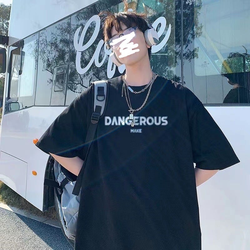 Summer Hong Kong Style Ins Japanese Style Simple Large Size Men'S Short-Sleeved T-Shirt Extra Large Size Fat Loose T-Shirt - Image 1