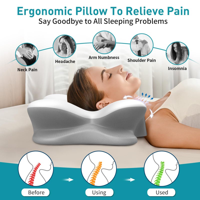 Cervical Neck Pillow for Pain Relief - Ergonomic Memory Foam Pillow with Breathable Cooling Cover (Blue) - Image 3