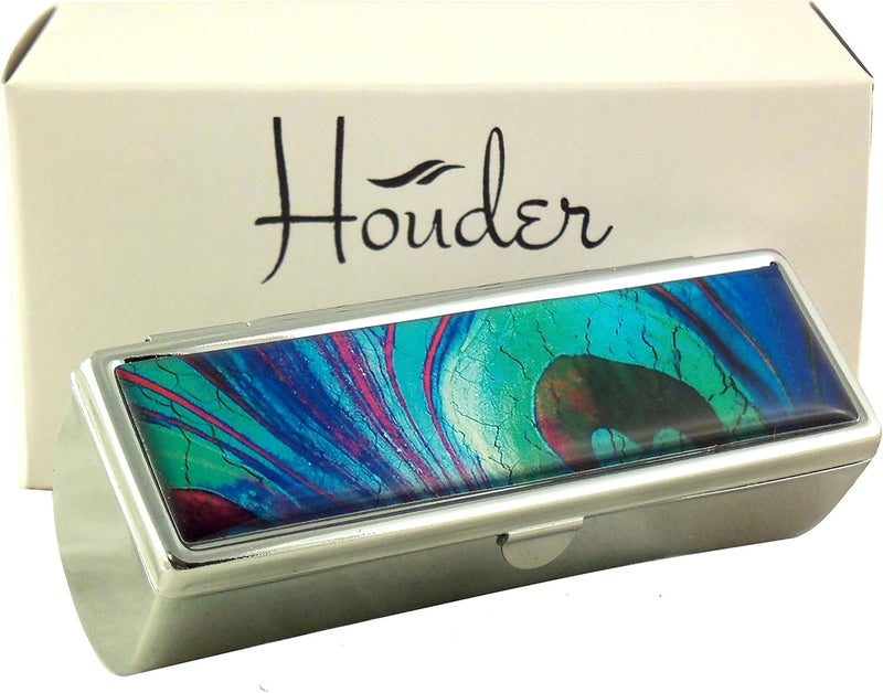 Houder Designer Lipstick Case with Mirror for Purse - Decorative Lipstick Holder with Gift Box - Velvet Lined - Protect Your Lipsticks in Style (Peacock Feather)