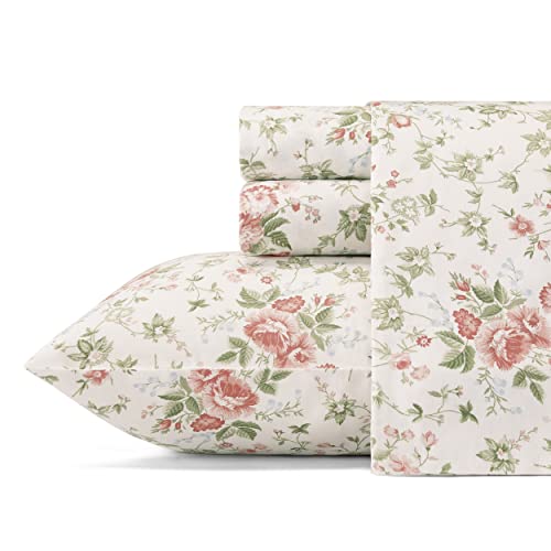 Laura Ashley - King Sheet Set, Buttery-Soft Bed Sheets with a Naturally Silky Smooth Cotton Sateen Lightweight Feel - Matching Pillowcases & Fitted Sheet (Lilian Coral) - Image 1