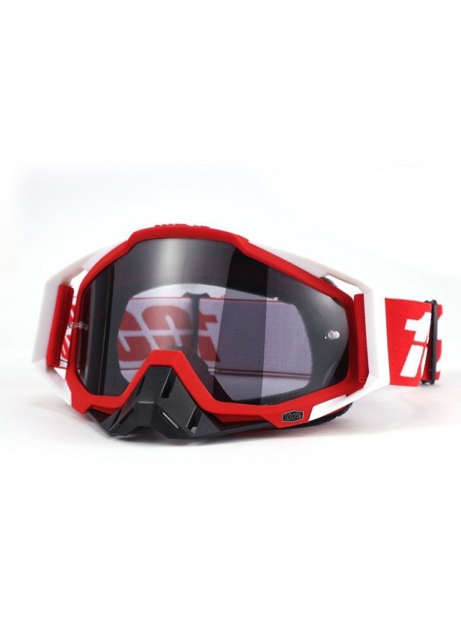 100 C19 Retro Motocross Ski Goggles – Dustproof Windscreen, Red Frame, Black Nose Guard, White Edge Buckle, Grey Lens
