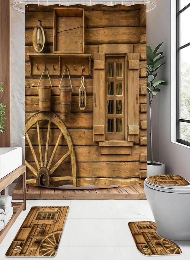 Litabel 4 Pcs Rustic Wooden Farmhouse Shower Curtain Set with Non-Slip Rugs, Toilet Lid Cover and Bath Mat, Farmhouse Bathroom Decor Set with Shower Curtain and Rugs(Hooks Not Included) - Image 2