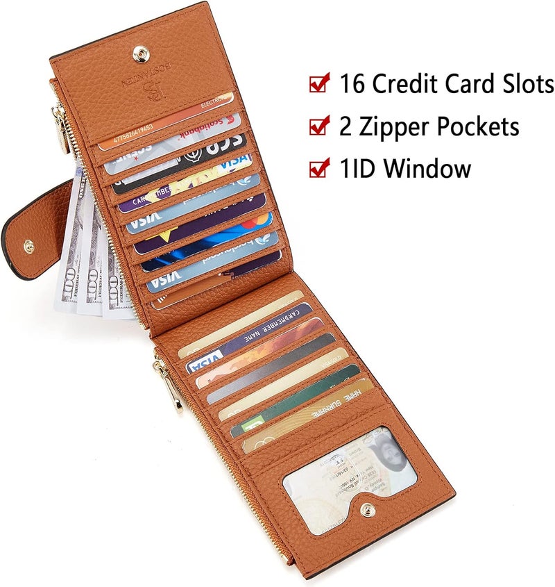 بوستانتن محافظ جلدية للنساء كبيرة مانعة لتقنية RFID رفيعة ثنائية الطية مع حامل بطاقات وجيب بسحاب بلون بني - Image 3