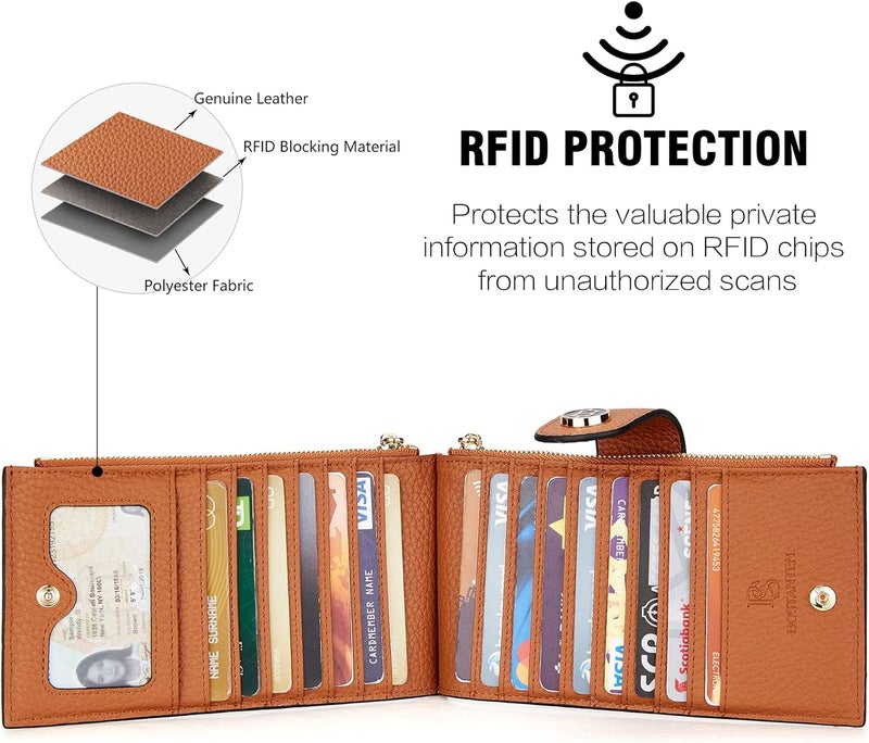 بوستانتن محافظ جلدية للنساء كبيرة مانعة لتقنية RFID رفيعة ثنائية الطية مع حامل بطاقات وجيب بسحاب بلون بني - Image 4