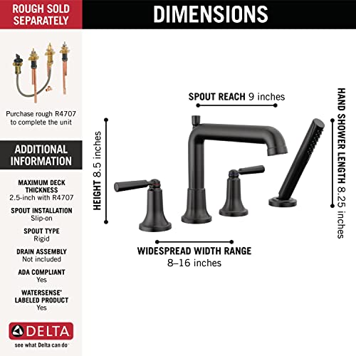Delta Saylor Roman Tub Faucet with Hand Shower Matte Black Deck Mount Bathtub Faucet Matte Black T4736BL Valve Not Included - Image 3