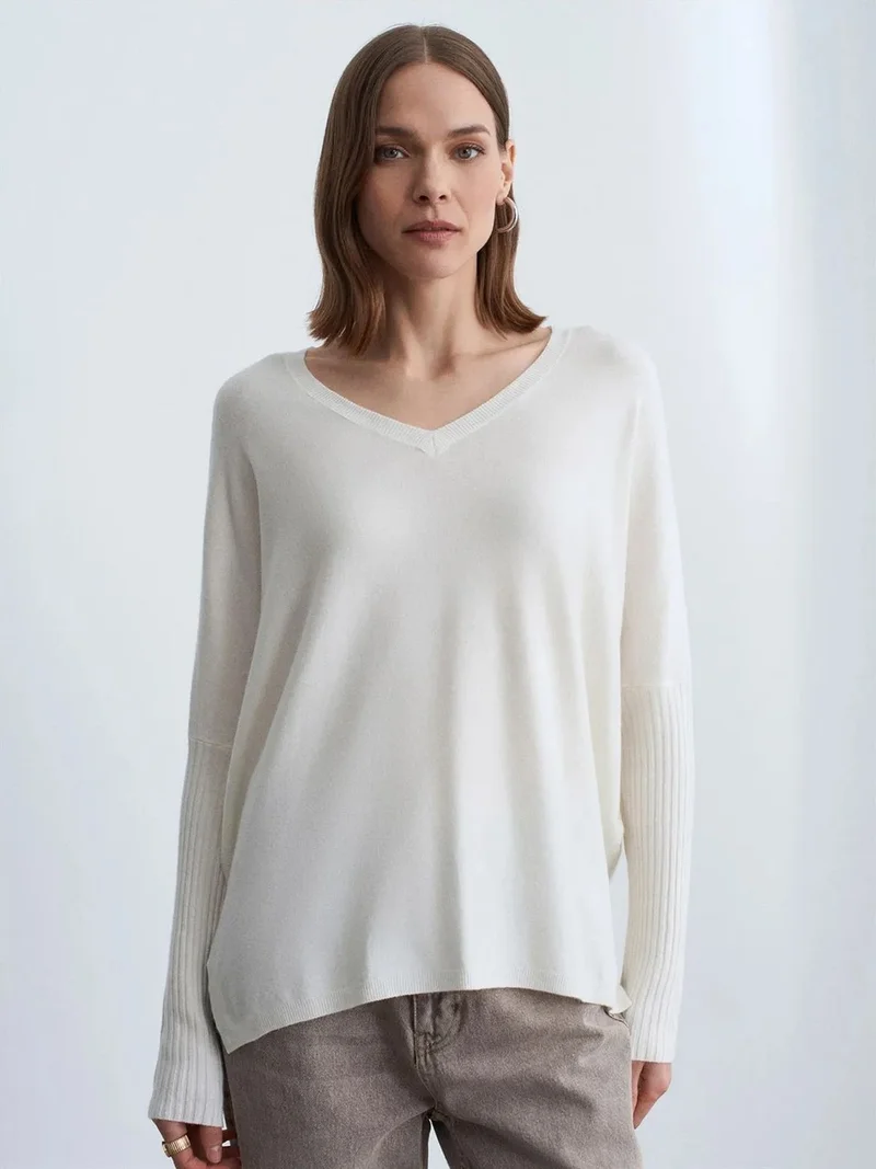 ديلفين DILVIN Women's V-neck Ribbed Knit Sweater