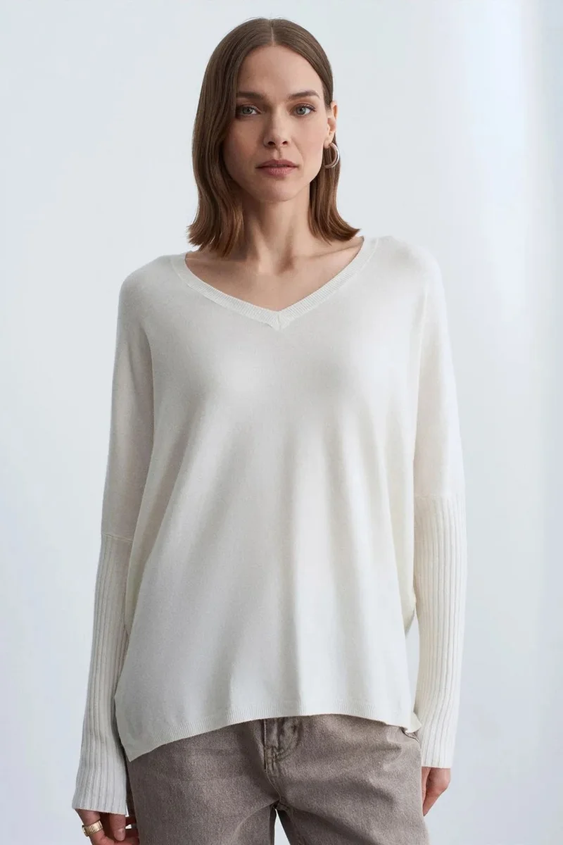 Dilvin Ivory Natural DILVIN Women's V-neck Ribbed Knit Sweater for Women | Best Price UAE