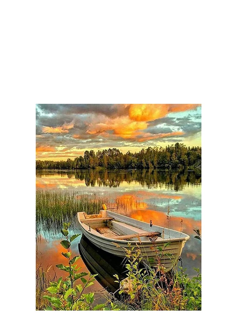 SYOSI DIY 5D Diamond Painting by Number Kit for Adults, Full Round Drill Crystal Rhinestone Embroidery Pictures Cross Stitch Arts Paint Craft for Home Wall Decor Sunset Scenery Boat, 12 x 16 inch