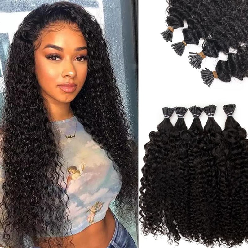 Kinky Curly I Tip Hair Extensions Human Hair Cold Fusion Stick I Tip Hair 18 Inch 100 Remy Hair ExtensionsCold Fusion Tipped Extensions for Women Curly Pre Bonded Microlinks Hair Extension 50G