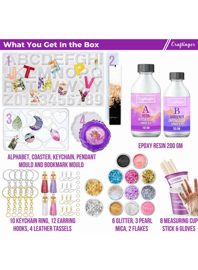 Craftinger Craftinger Upgraded All-in One kit with 200gm Resin for Bookmarks, Coasters, Alphabet Keychains, Pendants, Earrings and More, Multicolour - Image 2