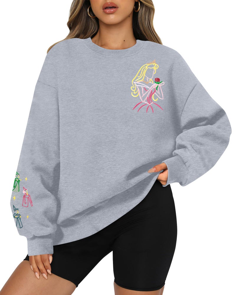 MAXIMGR Magic Kingdom Sweatshirt Women Embroidered Princess Sweater Cute Fairy Shirt Family Vacation Castle Graphic Top Grey - Image 2