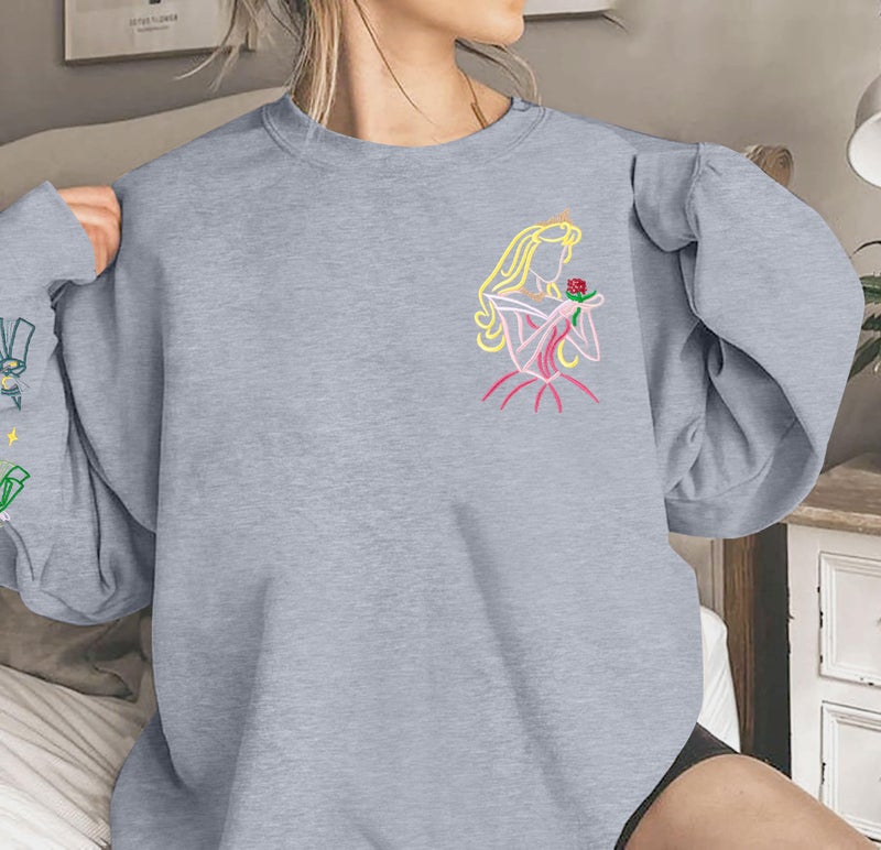 MAXIMGR Magic Kingdom Sweatshirt Women Embroidered Princess Sweater Cute Fairy Shirt Family Vacation Castle Graphic Top Grey - Image 3