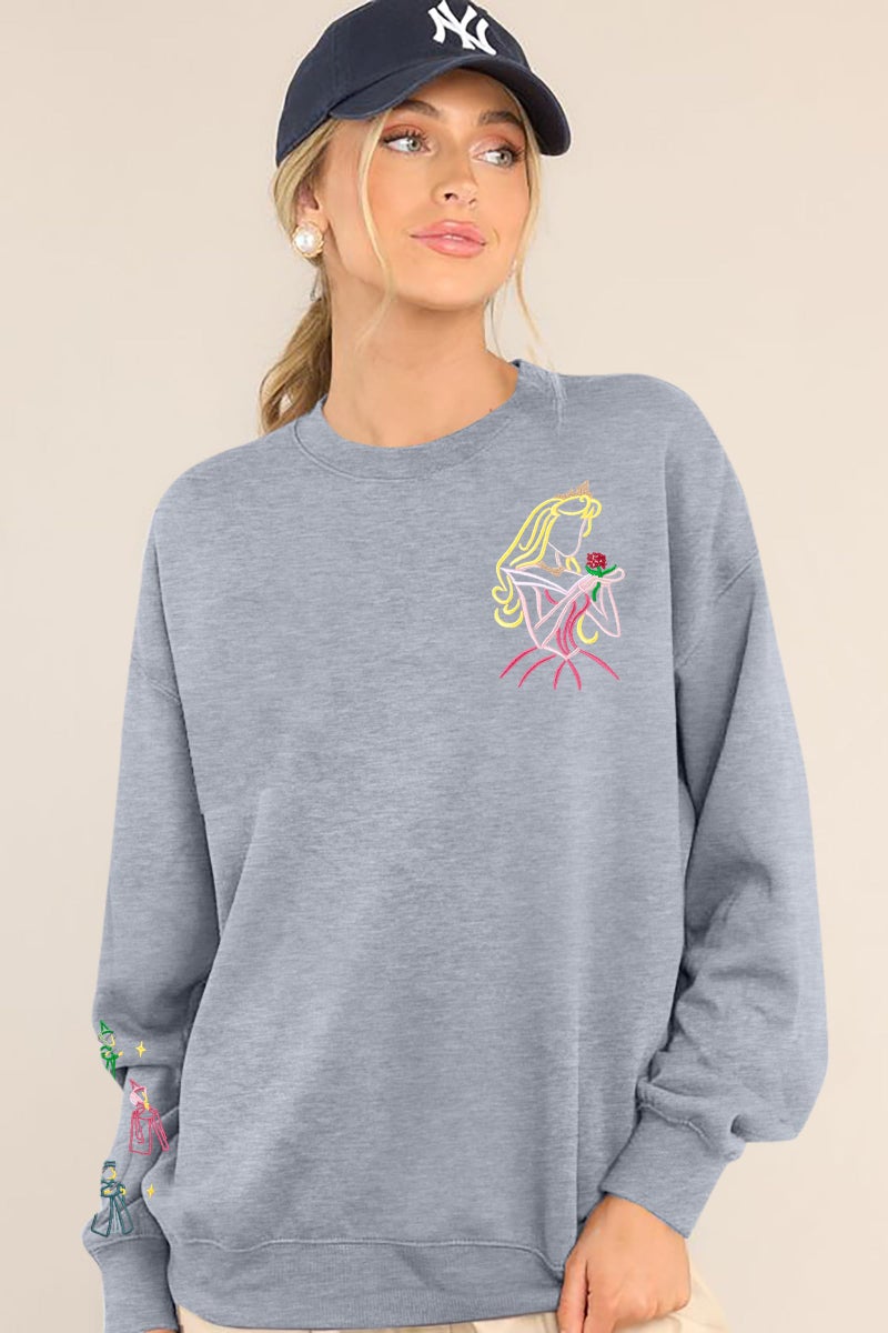 MAXIMGR Magic Kingdom Sweatshirt Women Embroidered Princess Sweater Cute Fairy Shirt Family Vacation Castle Graphic Top Grey - Image 4