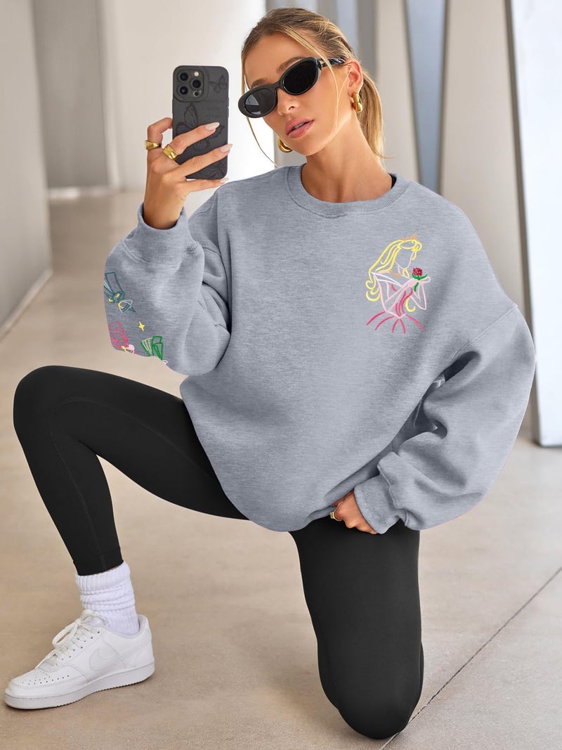MAXIMGR Magic Kingdom Sweatshirt Women Embroidered Princess Sweater Cute Fairy Shirt Family Vacation Castle Graphic Top Grey - Image 5