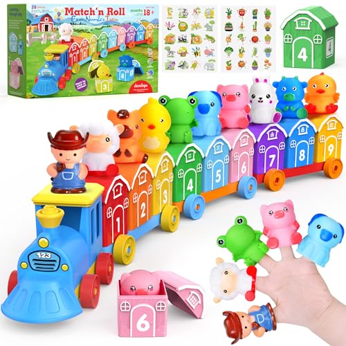 GooMags Montessori Toys for Toddlers 1 2 3 Years Old Farm Animal Train Set with Counting Matching Sorting Activities 9 Barns 10 Finger Puppets 2 StickersLearning Toys for Baby Boys Girls Preschool Gift - Image 1