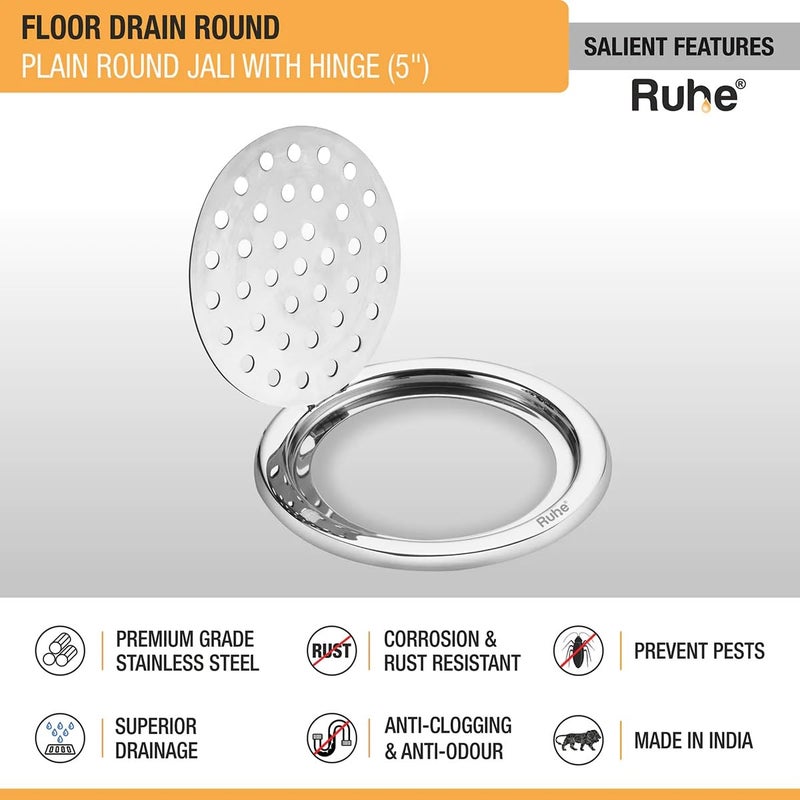RUHE Ruhe® Plain Round Floor Drain | Premium Grade Stainless Steel Plain Round Jali with Hinged Grating Top Floor Drainer/Jali Set of 1 (5 Inch) - Image 3