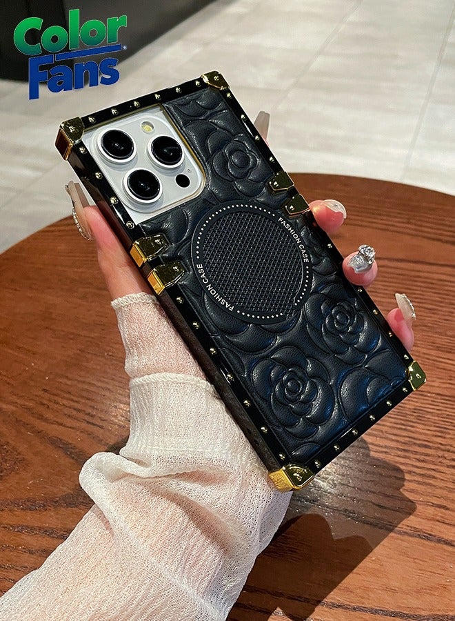 Color Fans Luxury Floral Embossed Strong Magnetic Case for iPhone 14 Pro Max with Chic Metal Frame Protector - Black/Floral 