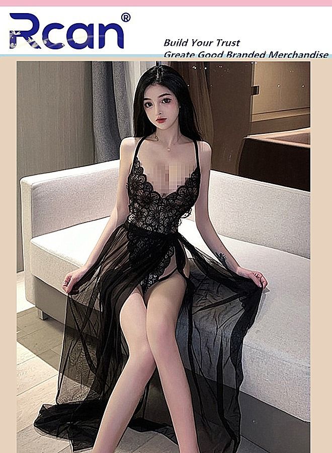Rcan Lingerie for Women V-neck high-end gauze backless halter neck jumpsuit with straps babydoll 2-piece set  - Image 2