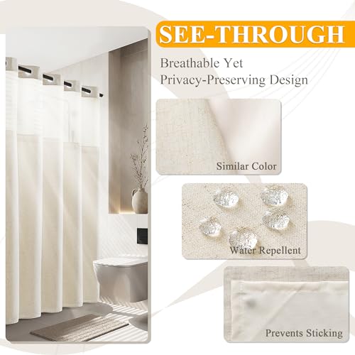 Jowels No Hooks Linen Textured Shower Curtain with Snap-in Fabric Liner Set,Beige Hotel Luxury Decor Shower Curtains for Bathroom with See Through Top Window,Water Resistant Fabric,72Wx75L,Cream - Image 5