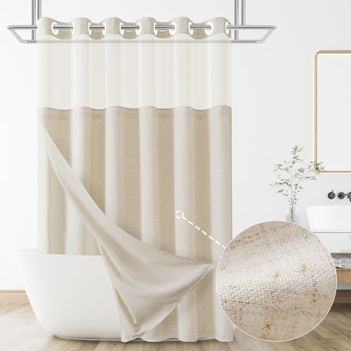 Jowels No Hooks Linen Textured Shower Curtain with Snap-in Fabric Liner Set,Beige Hotel Luxury Decor Shower Curtains for Bathroom with See Through Top Window,Water Resistant Fabric,72Wx75L,Cream - Image 1