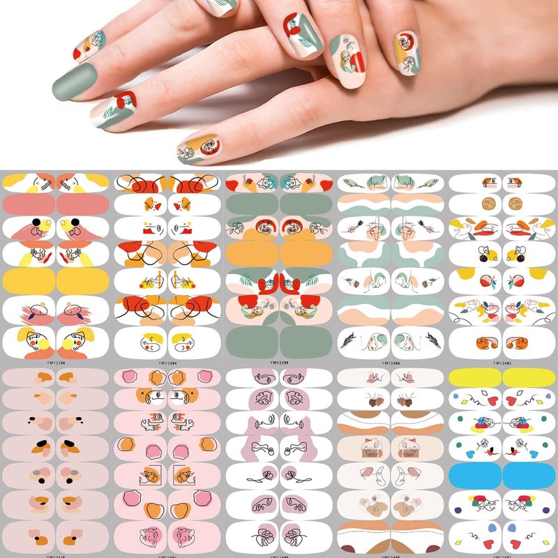 Nail Polish Stickers, 144PCS Abstract Nail Wraps Abstract Lady Graffiti Face Rose Leaf Curves Nail Design Full Cover Graffiti Nail Art Strips Decals for Women Girls
