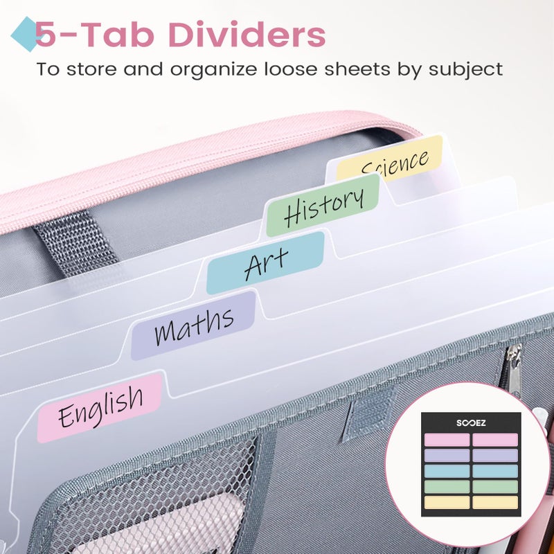 Sooez Zipper Binder Bag, 1 Inch Binders 3 Ring O-Ring, 5-Tab Dividers Expanding File Folder, 420-Sheet Capacity Three Ring Binder, Cute Organizer Storage for Student School Classroom Supplies, Pink - Image 5