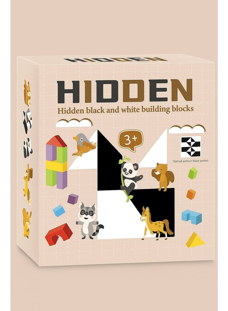 Educational Hiding Blocks Game - For Children 3+ Years Old A fun brain game consisting of 8 two-colored (black and white) blocks and a wooden tray, with 40 double-sided cards containing challenges to create different shapes. - Image 1